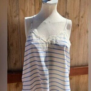 CAMI NYC White Blue Stripe Lace Trim Silk Racerback Top Spaghetti Strap Sz Small
